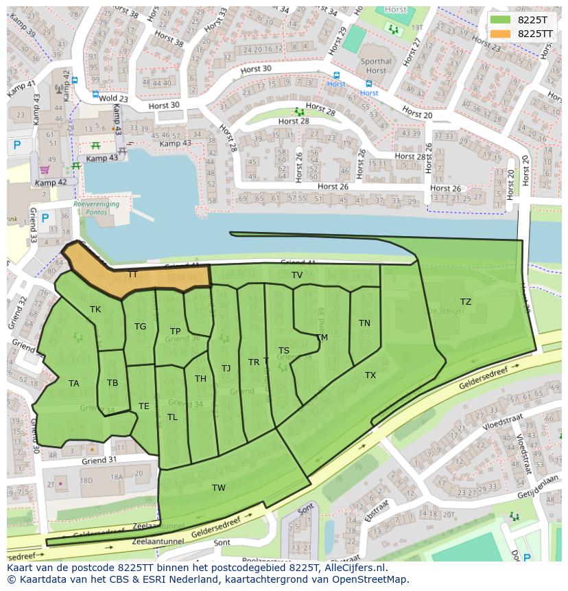 Afbeelding van het postcodegebied 8225 TT op de kaart.