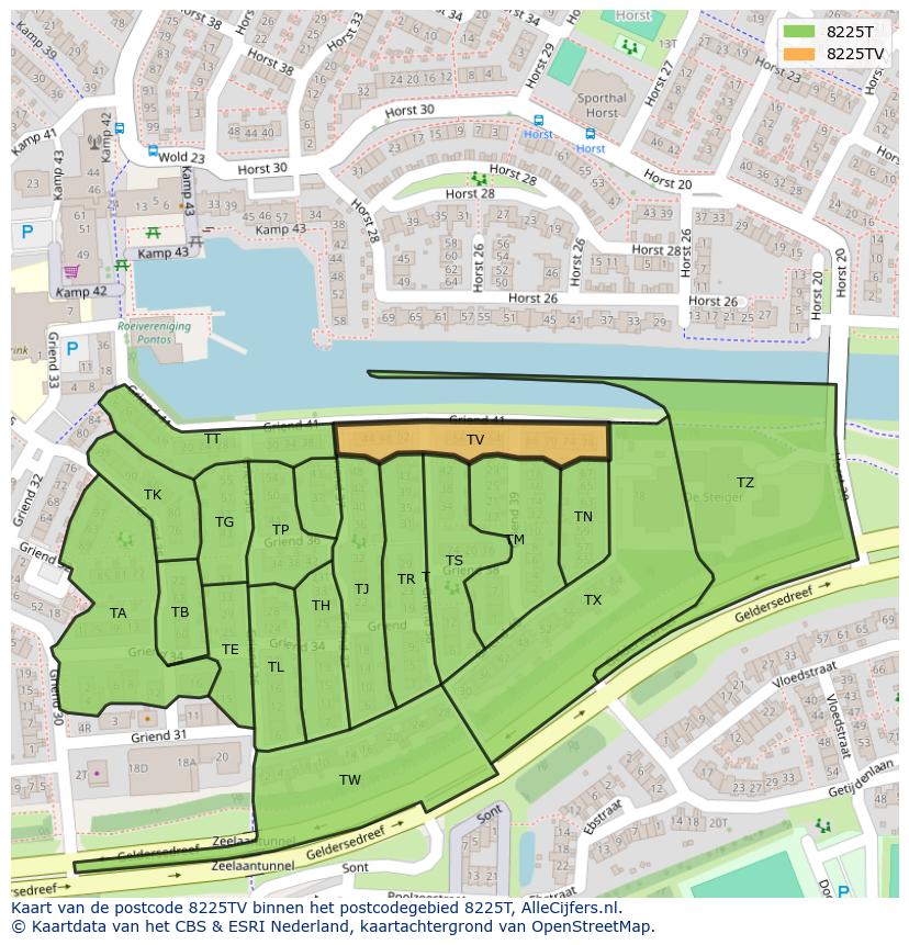 Afbeelding van het postcodegebied 8225 TV op de kaart.