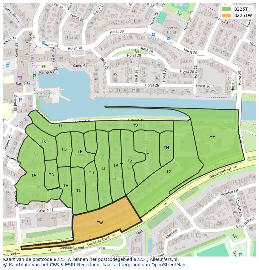 Afbeelding van het postcodegebied 8225 TW op de kaart.