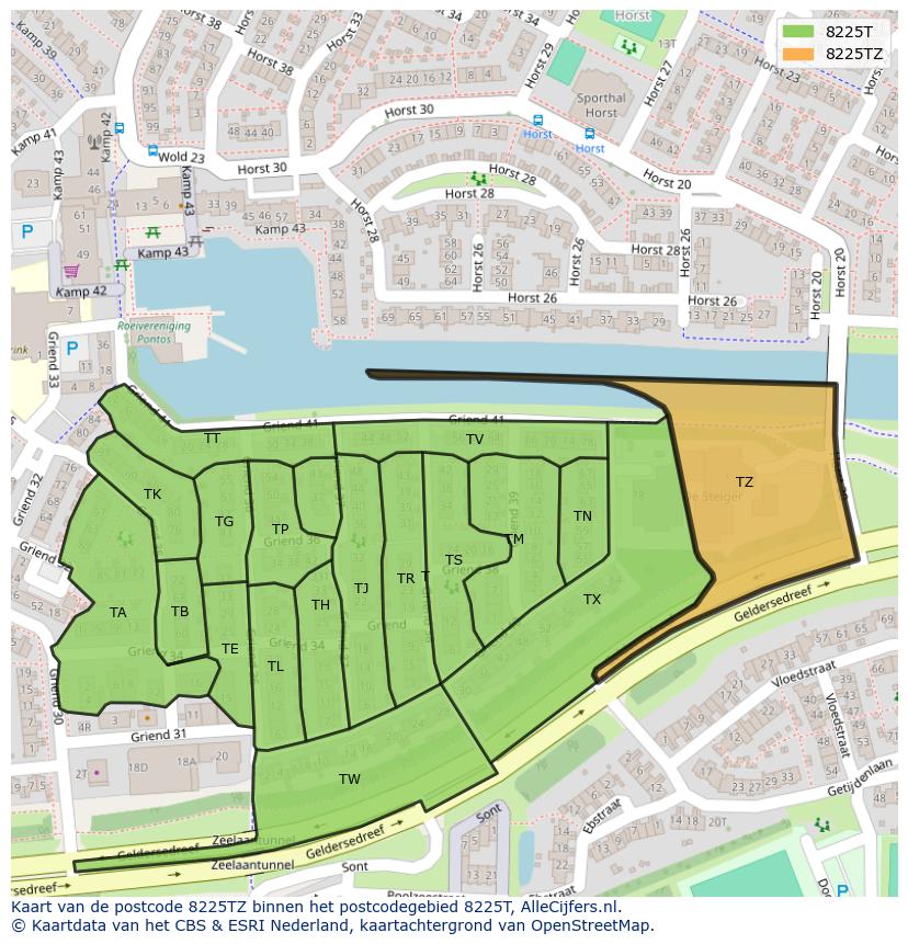 Afbeelding van het postcodegebied 8225 TZ op de kaart.