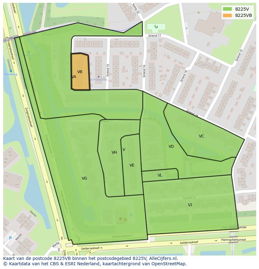 Afbeelding van het postcodegebied 8225 VB op de kaart.