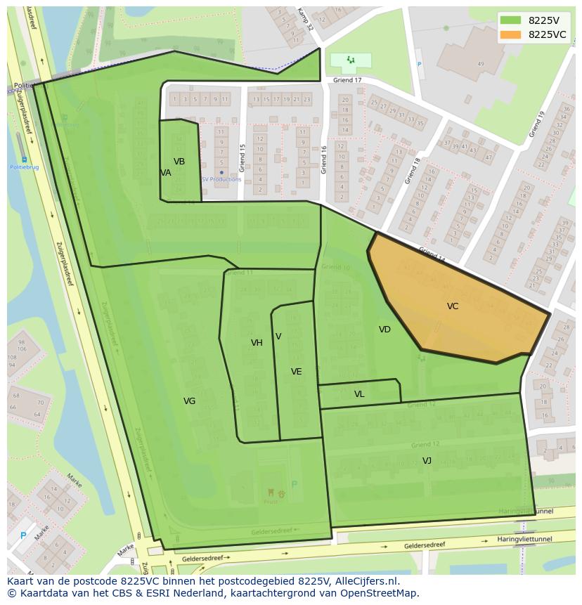 Afbeelding van het postcodegebied 8225 VC op de kaart.