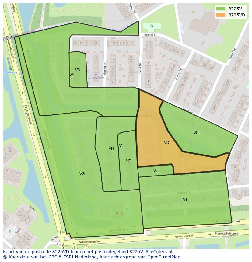 Afbeelding van het postcodegebied 8225 VD op de kaart.