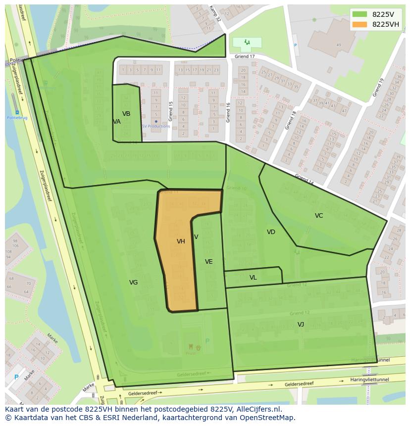 Afbeelding van het postcodegebied 8225 VH op de kaart.