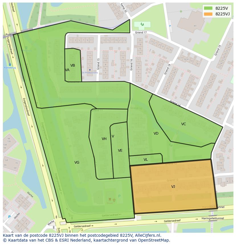 Afbeelding van het postcodegebied 8225 VJ op de kaart.
