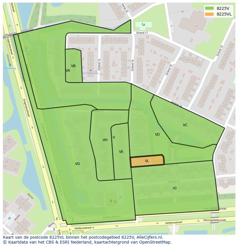 Afbeelding van het postcodegebied 8225 VL op de kaart.