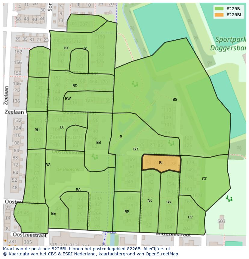 Afbeelding van het postcodegebied 8226 BL op de kaart.