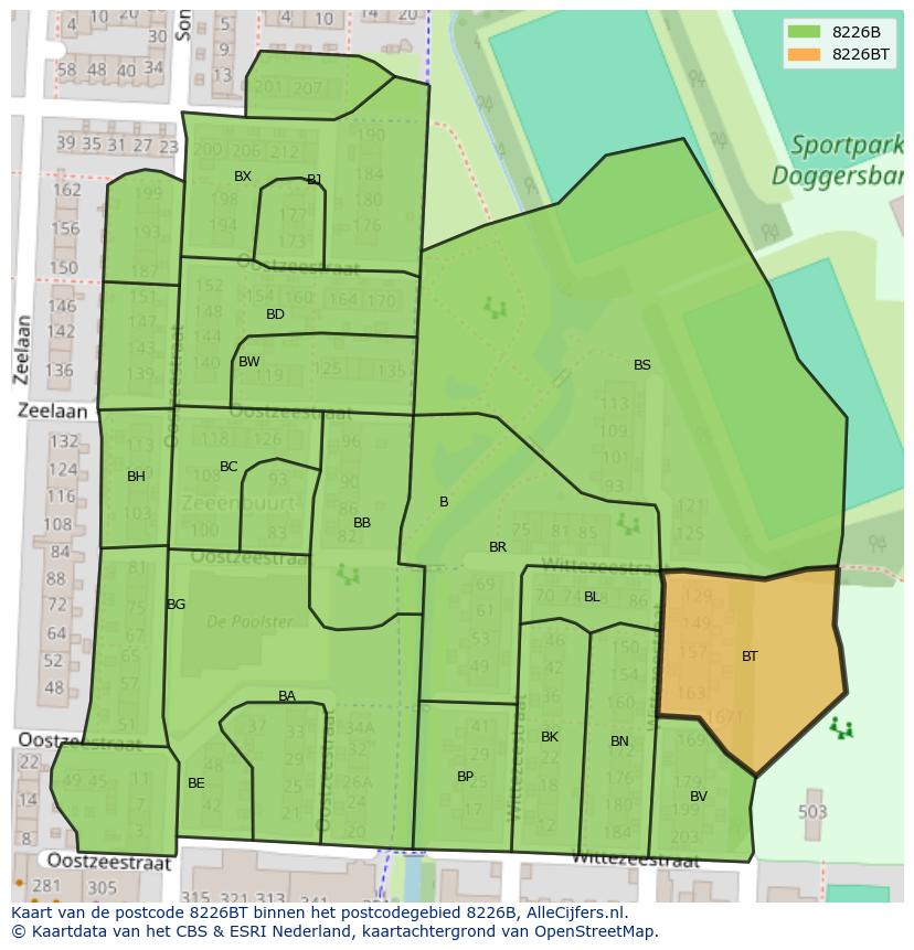 Afbeelding van het postcodegebied 8226 BT op de kaart.