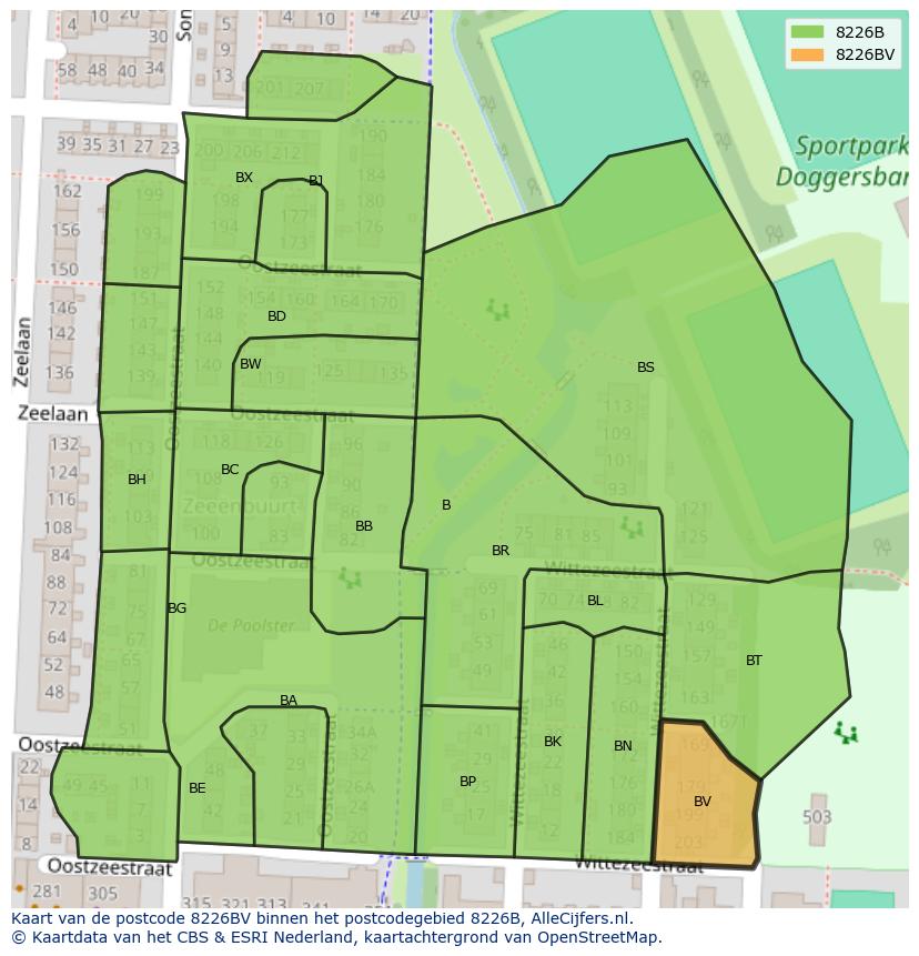 Afbeelding van het postcodegebied 8226 BV op de kaart.
