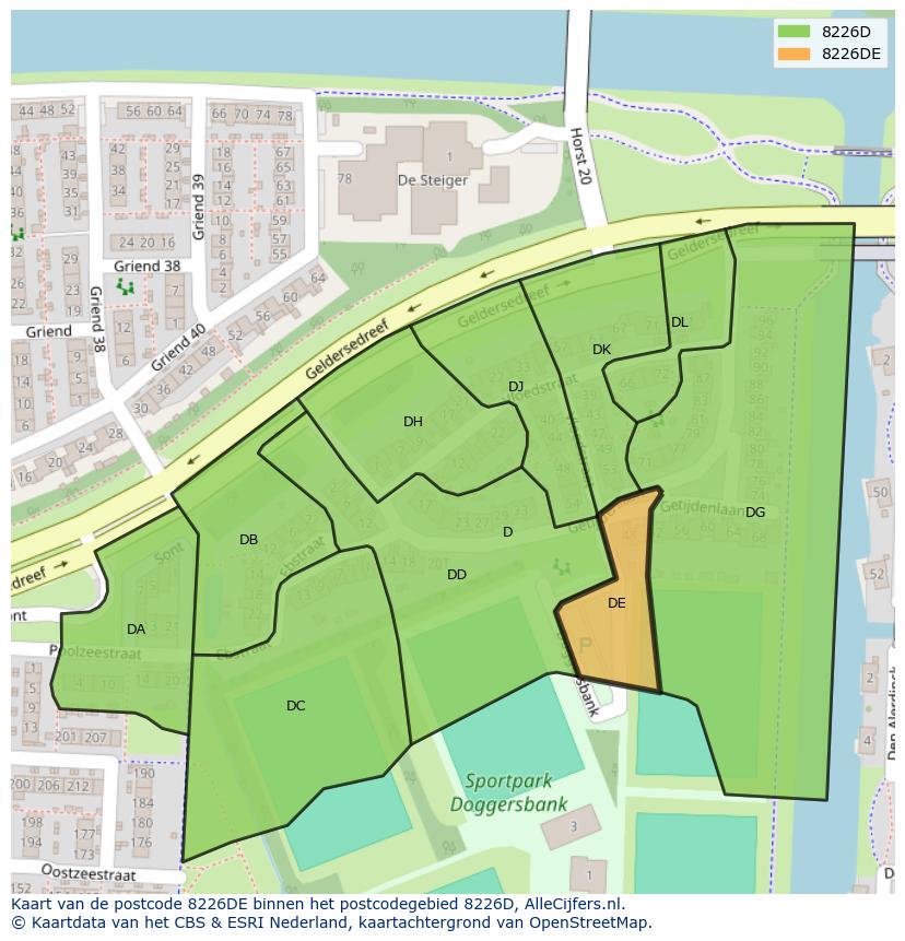 Afbeelding van het postcodegebied 8226 DE op de kaart.