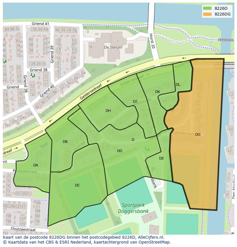 Afbeelding van het postcodegebied 8226 DG op de kaart.