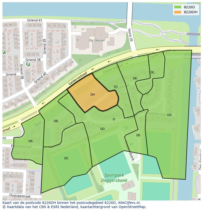 Afbeelding van het postcodegebied 8226 DH op de kaart.