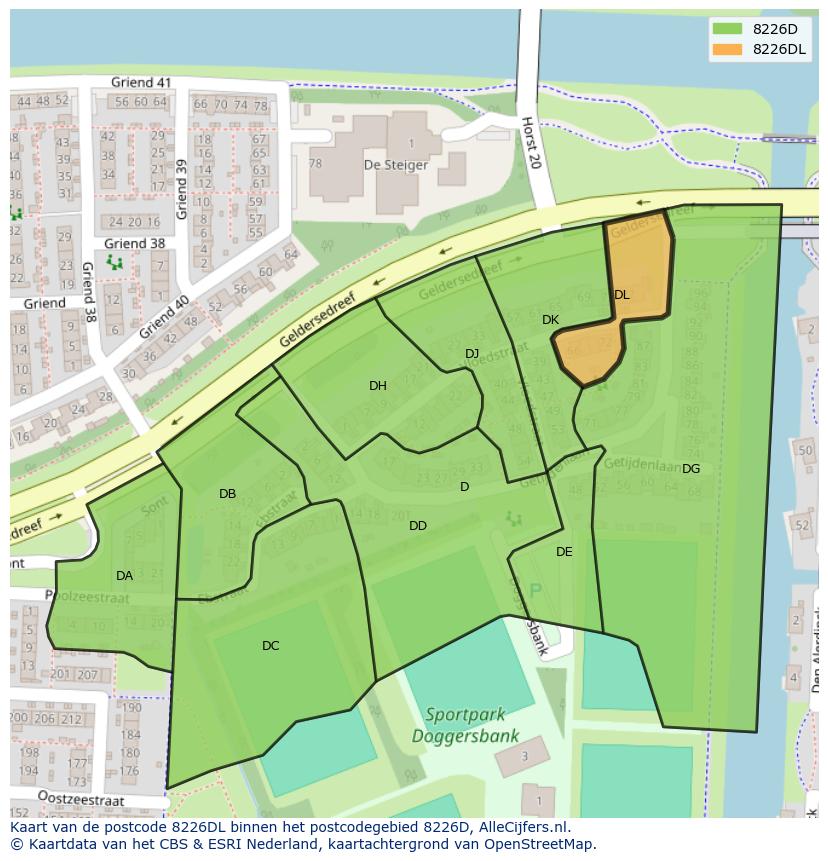 Afbeelding van het postcodegebied 8226 DL op de kaart.