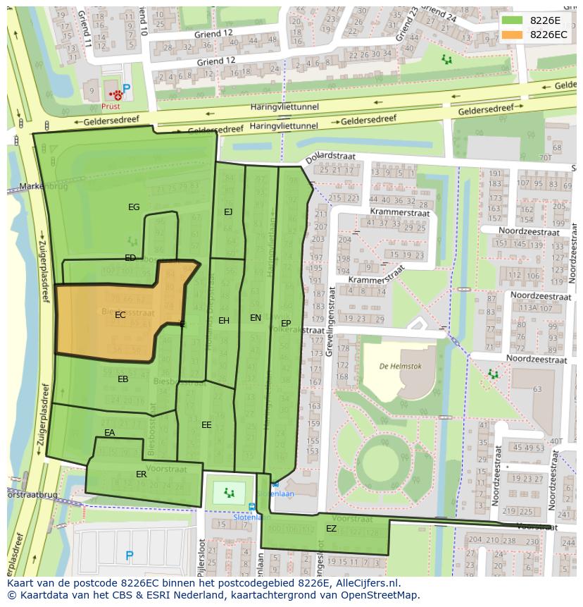 Afbeelding van het postcodegebied 8226 EC op de kaart.