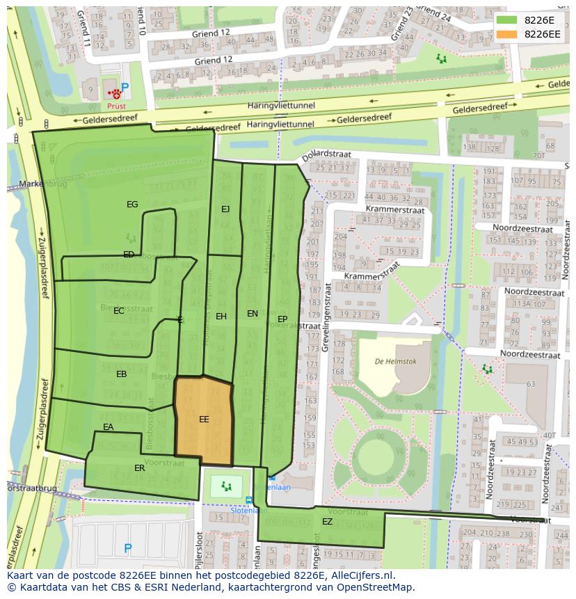 Afbeelding van het postcodegebied 8226 EE op de kaart.