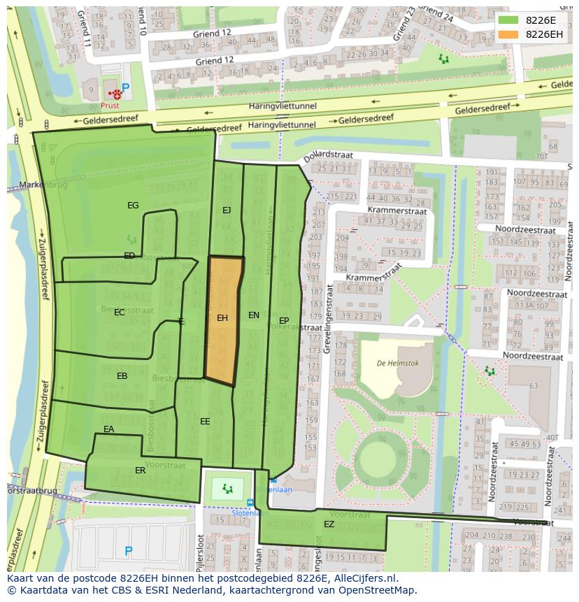 Afbeelding van het postcodegebied 8226 EH op de kaart.