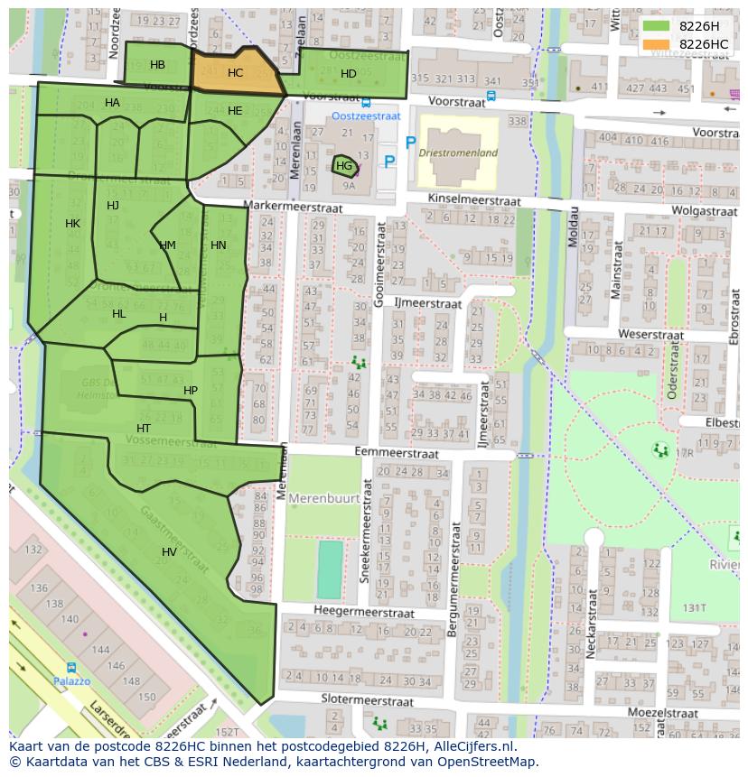 Afbeelding van het postcodegebied 8226 HC op de kaart.