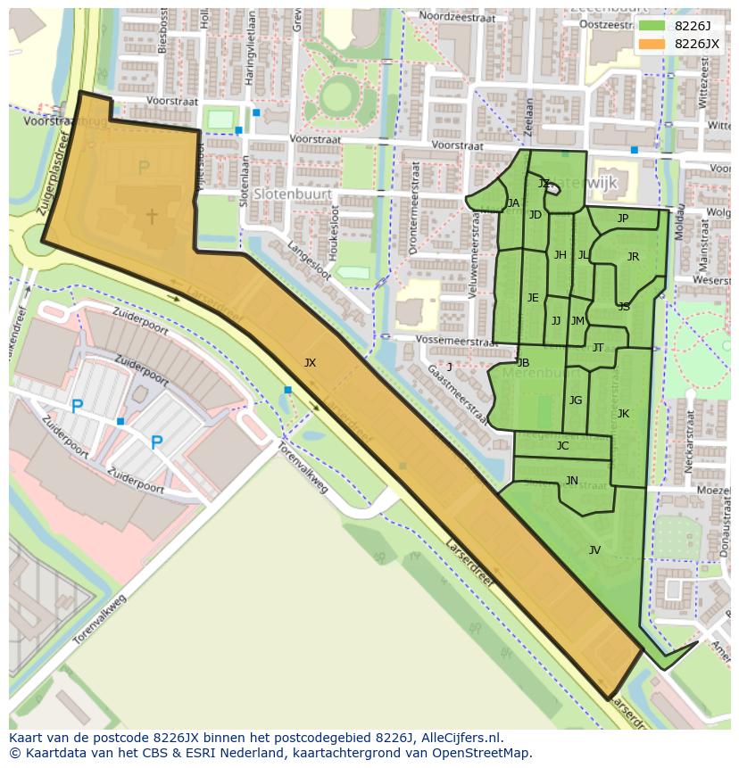 Afbeelding van het postcodegebied 8226 JX op de kaart.