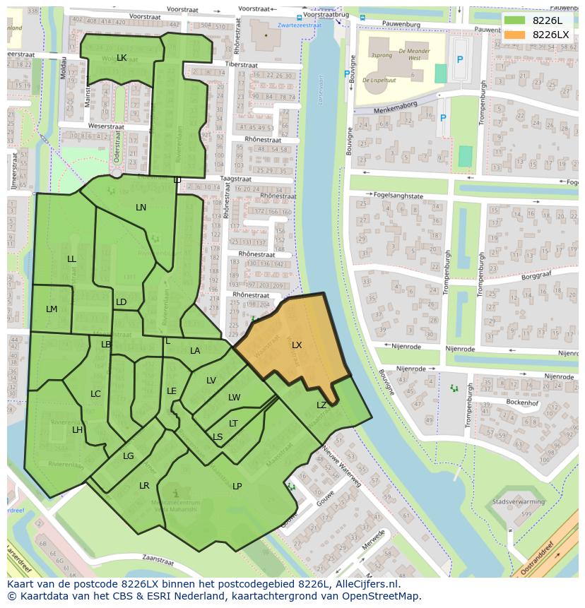 Afbeelding van het postcodegebied 8226 LX op de kaart.