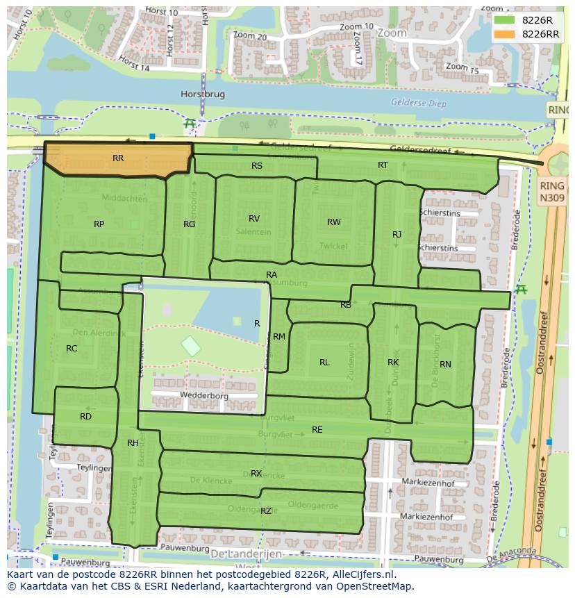 Afbeelding van het postcodegebied 8226 RR op de kaart.
