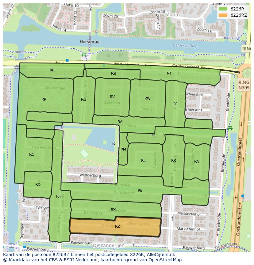 Afbeelding van het postcodegebied 8226 RZ op de kaart.
