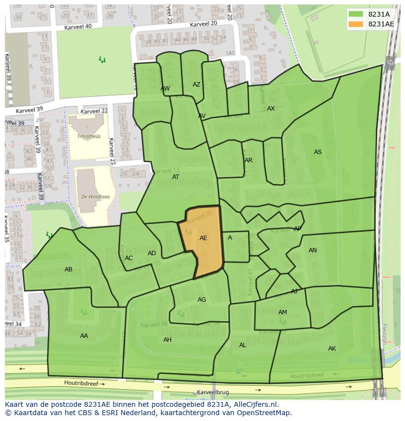 Afbeelding van het postcodegebied 8231 AE op de kaart.