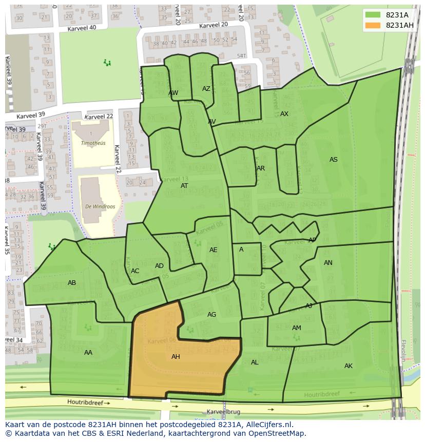 Afbeelding van het postcodegebied 8231 AH op de kaart.