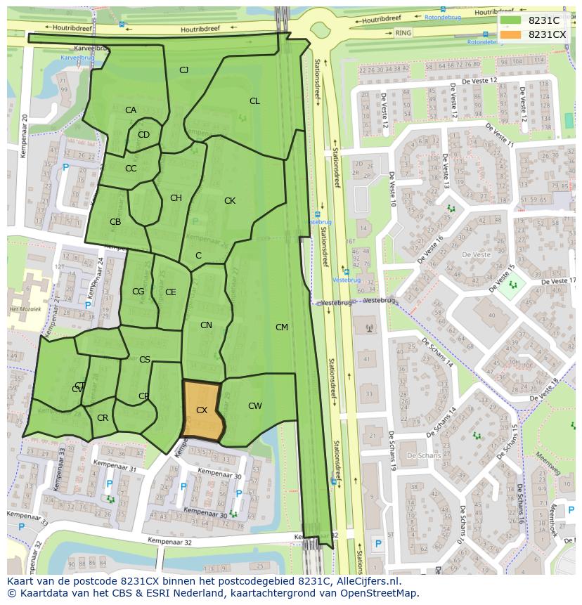 Afbeelding van het postcodegebied 8231 CX op de kaart.