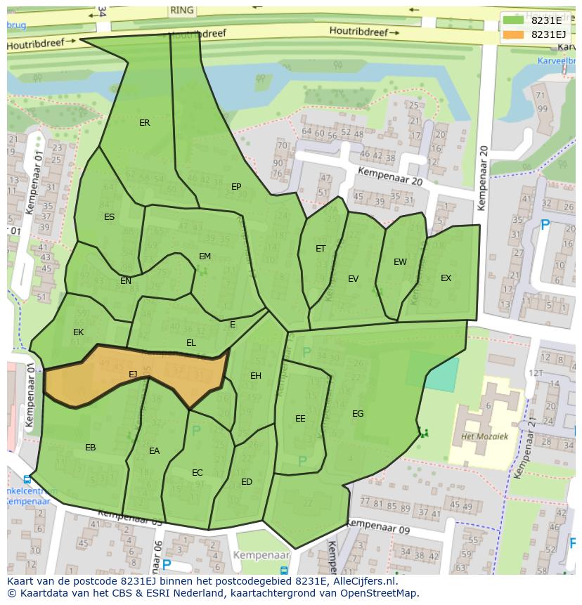 Afbeelding van het postcodegebied 8231 EJ op de kaart.