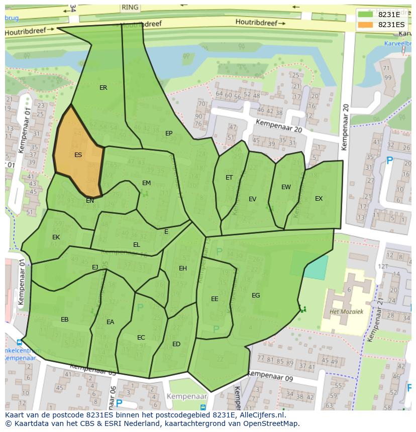 Afbeelding van het postcodegebied 8231 ES op de kaart.