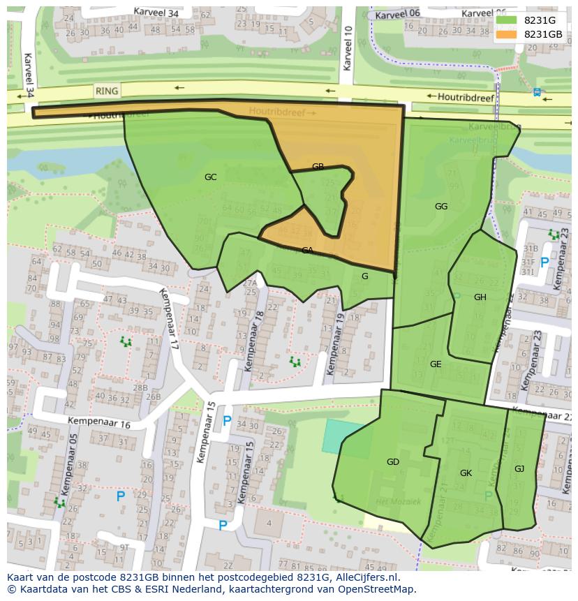 Afbeelding van het postcodegebied 8231 GB op de kaart.