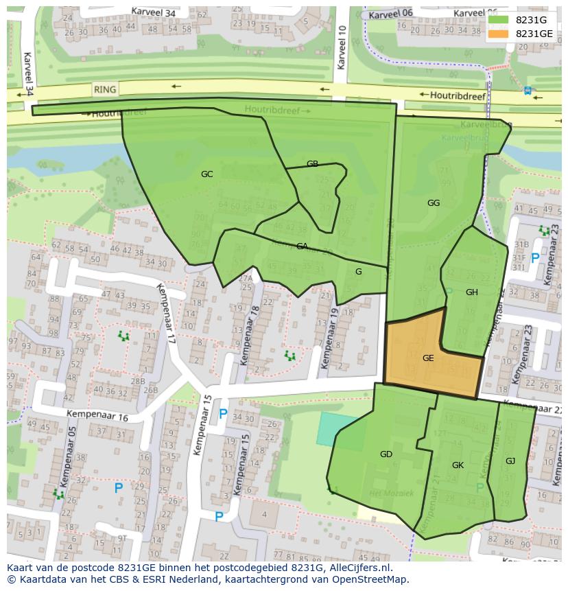 Afbeelding van het postcodegebied 8231 GE op de kaart.
