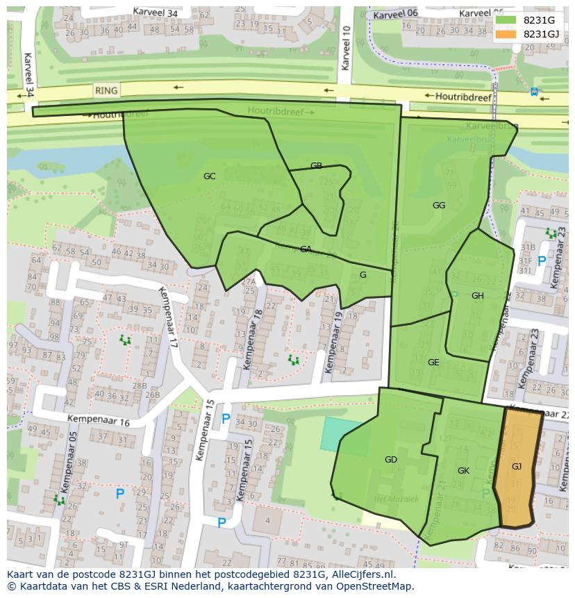 Afbeelding van het postcodegebied 8231 GJ op de kaart.