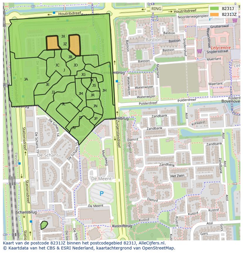 Afbeelding van het postcodegebied 8231 JZ op de kaart.