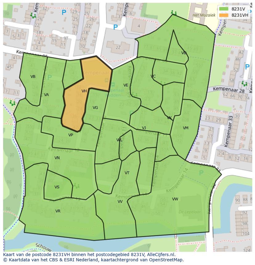 Afbeelding van het postcodegebied 8231 VH op de kaart.