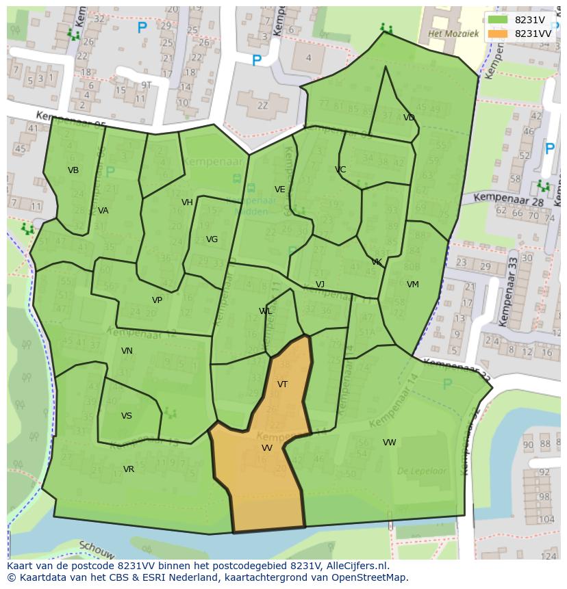 Afbeelding van het postcodegebied 8231 VV op de kaart.
