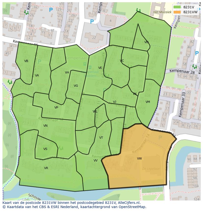 Afbeelding van het postcodegebied 8231 VW op de kaart.