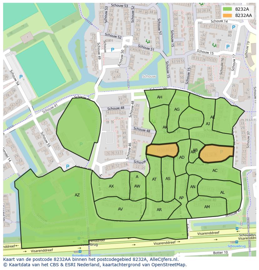 Afbeelding van het postcodegebied 8232 AA op de kaart.