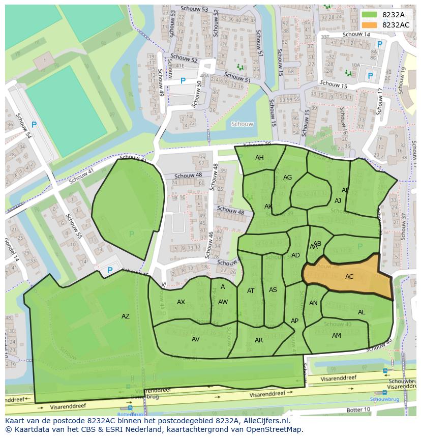 Afbeelding van het postcodegebied 8232 AC op de kaart.