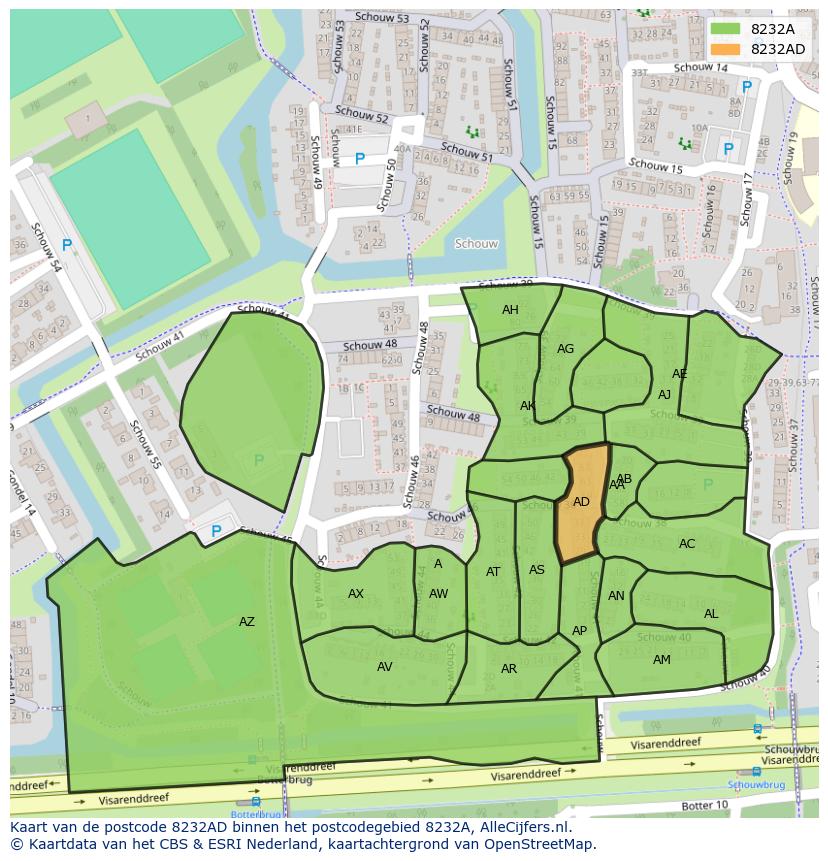 Afbeelding van het postcodegebied 8232 AD op de kaart.