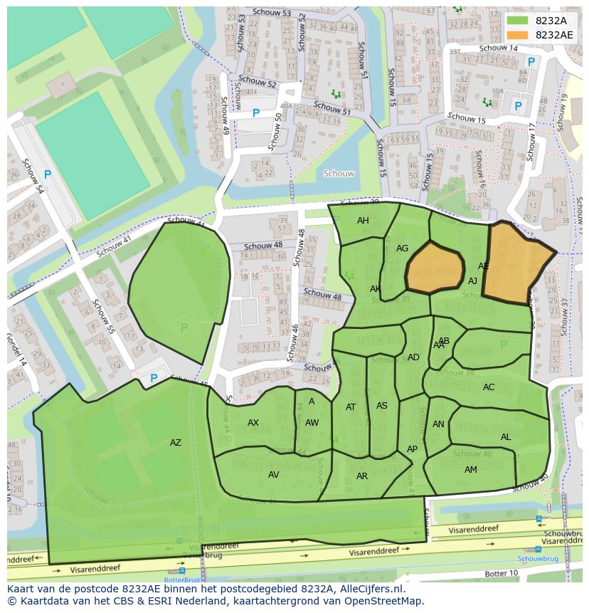 Afbeelding van het postcodegebied 8232 AE op de kaart.