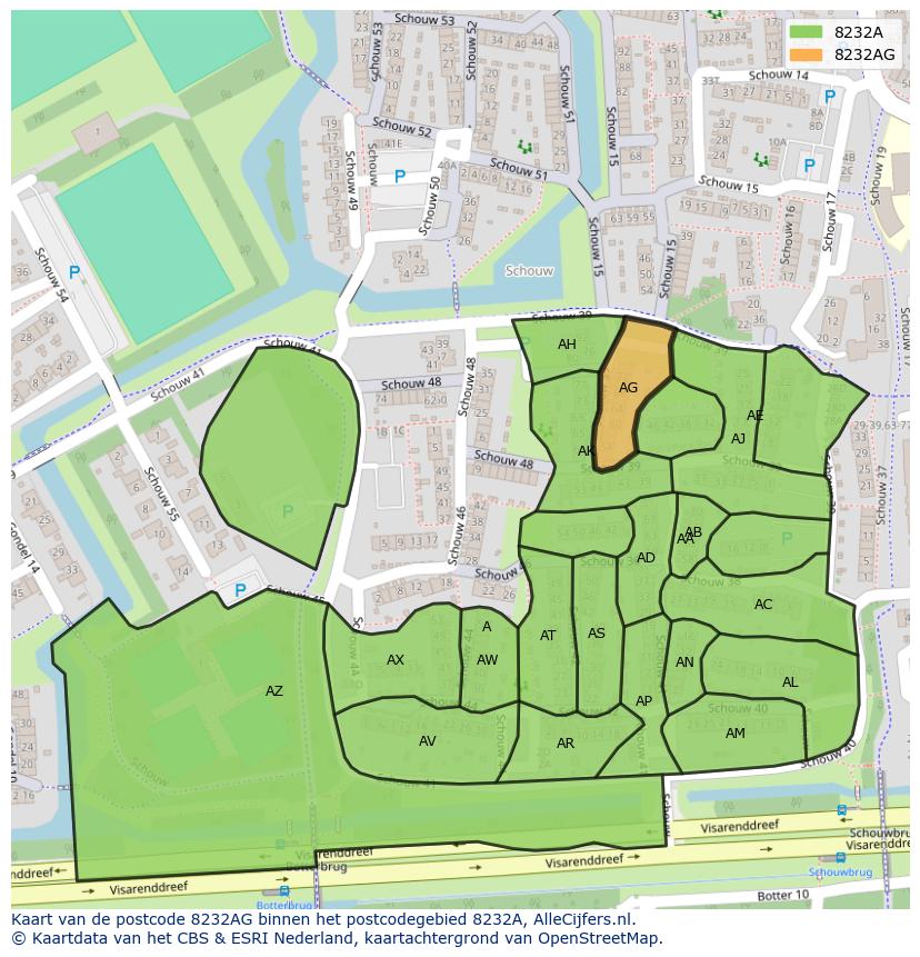 Afbeelding van het postcodegebied 8232 AG op de kaart.