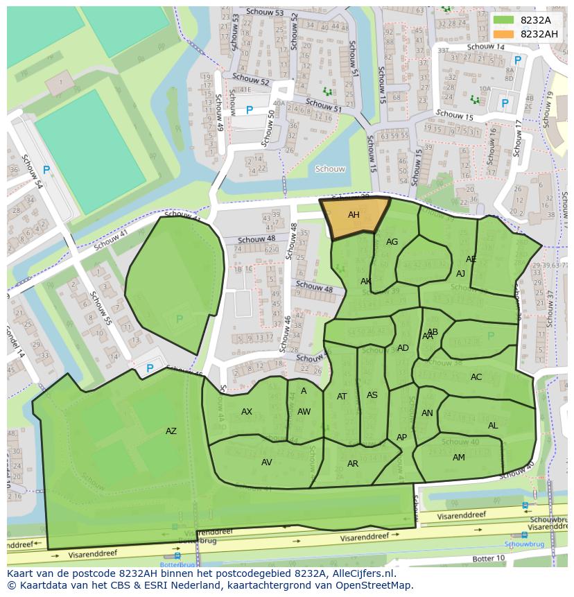 Afbeelding van het postcodegebied 8232 AH op de kaart.