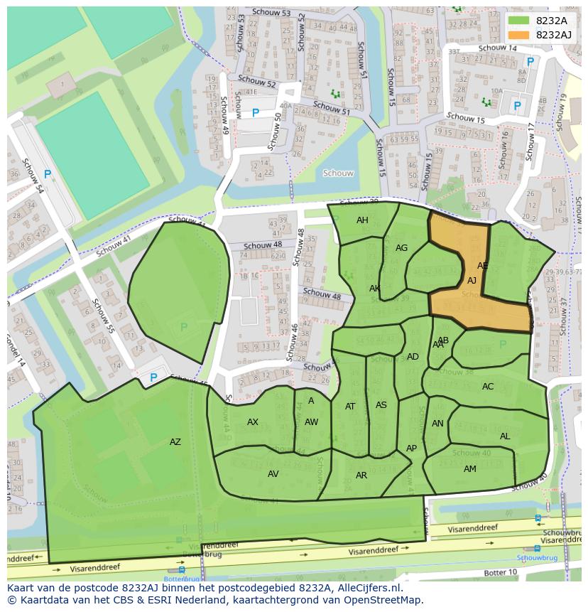 Afbeelding van het postcodegebied 8232 AJ op de kaart.