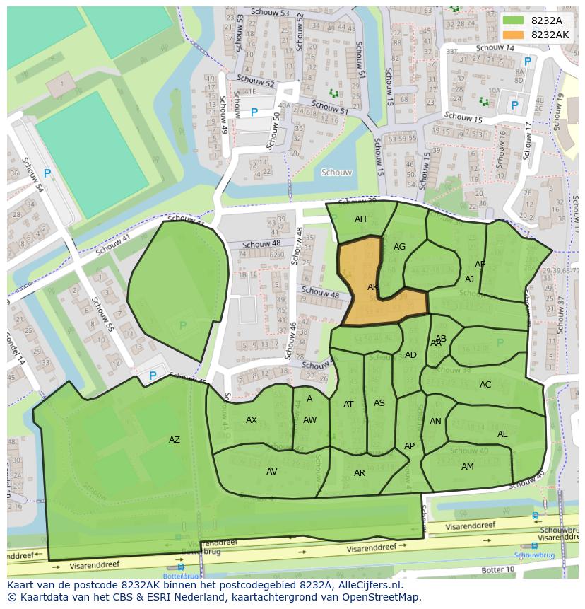 Afbeelding van het postcodegebied 8232 AK op de kaart.