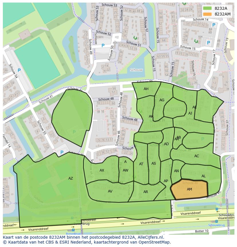 Afbeelding van het postcodegebied 8232 AM op de kaart.