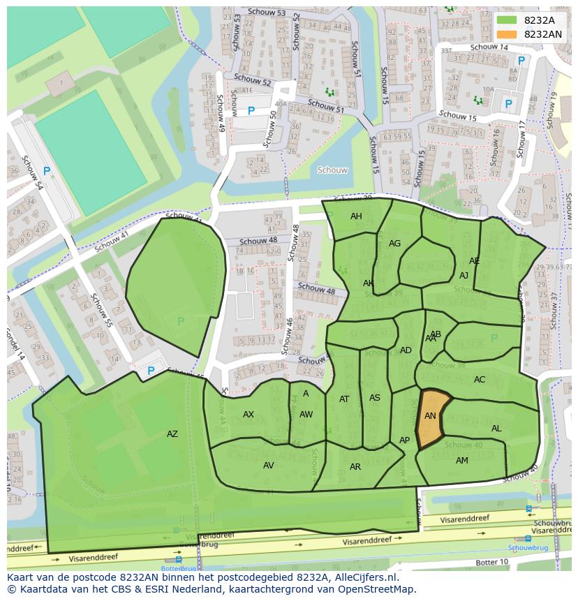 Afbeelding van het postcodegebied 8232 AN op de kaart.