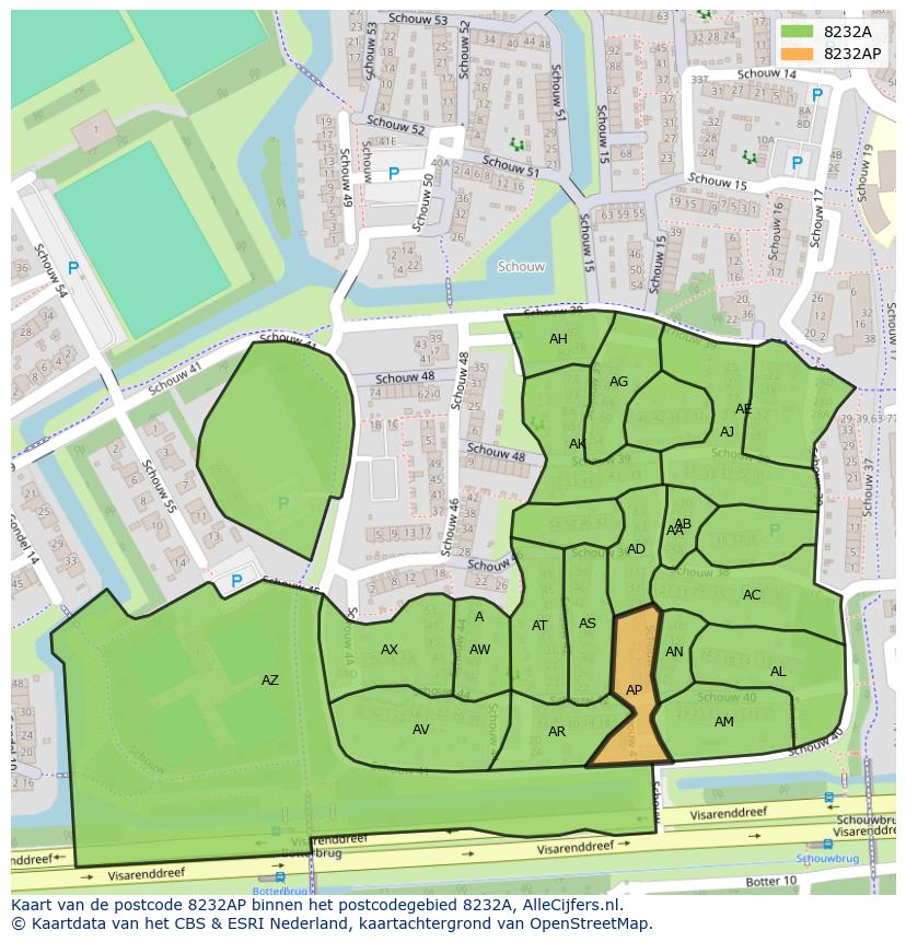 Afbeelding van het postcodegebied 8232 AP op de kaart.
