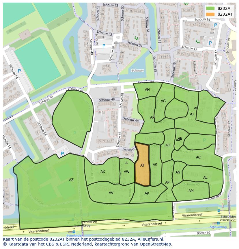 Afbeelding van het postcodegebied 8232 AT op de kaart.