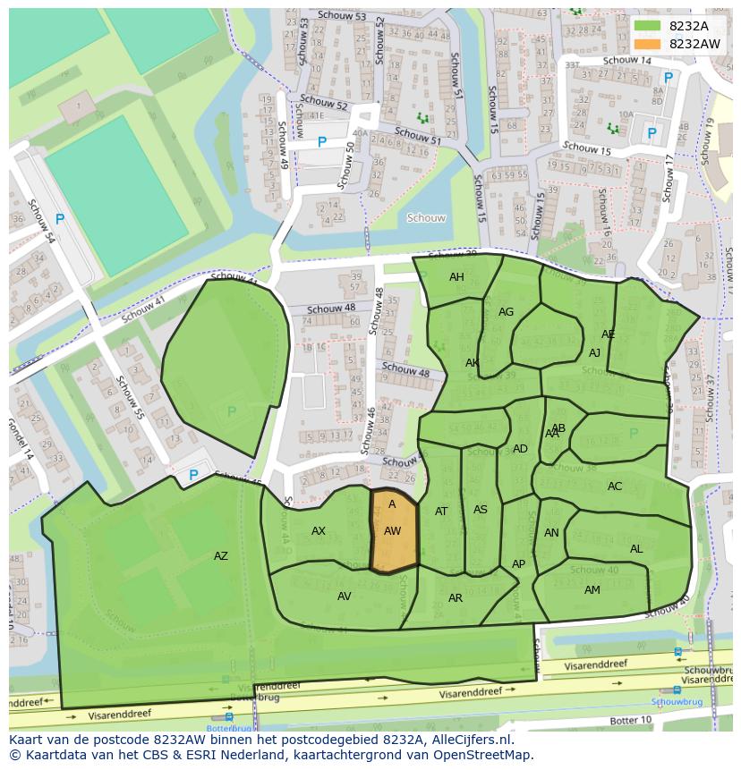 Afbeelding van het postcodegebied 8232 AW op de kaart.